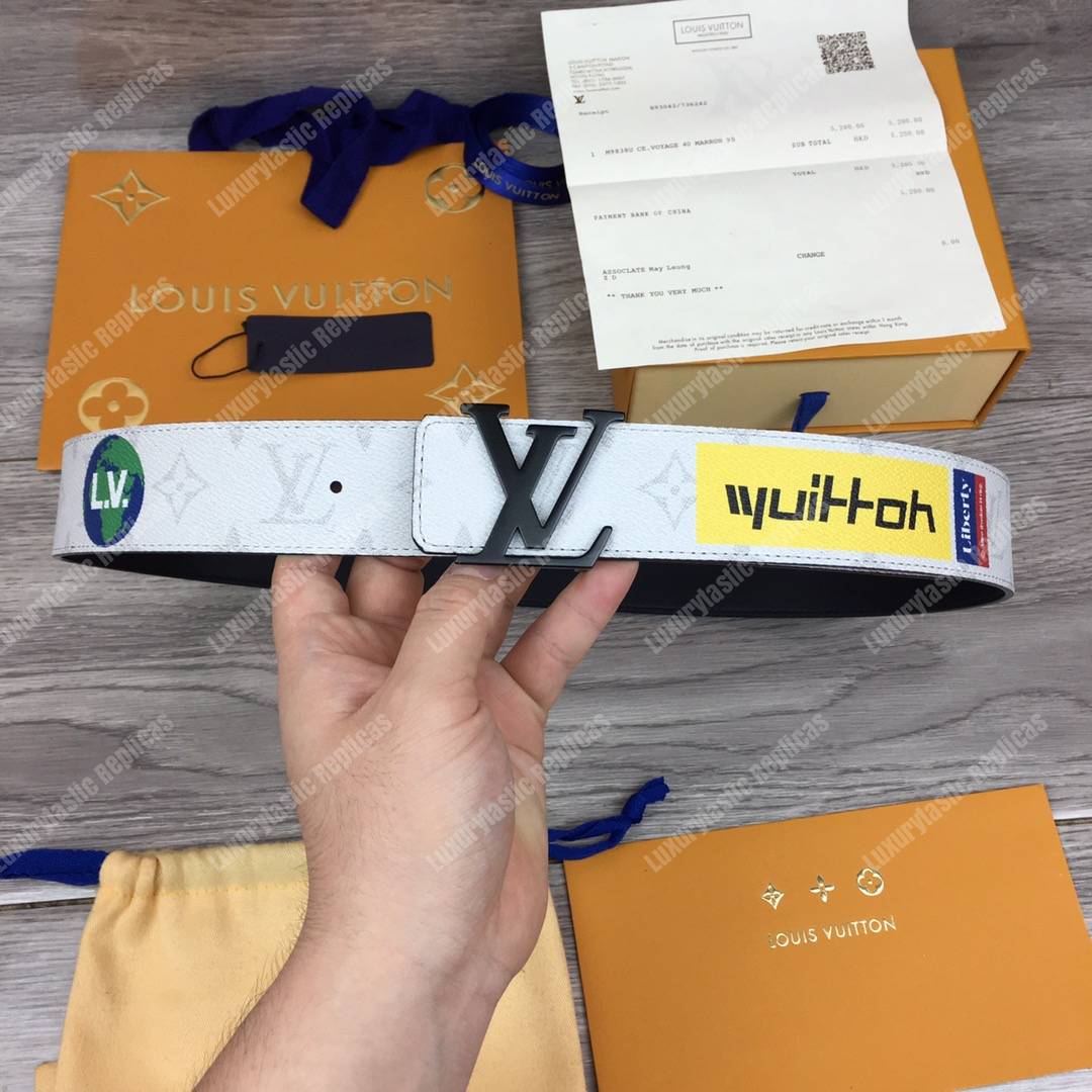 LV White Initiales With Printed Stickers 40MM Reversible Leather Belt Black Hardware