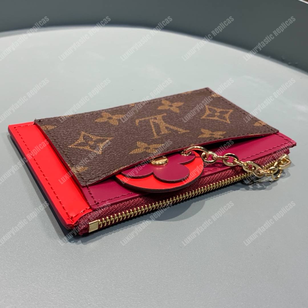 LV Zipped Card Holder Monogram canvas with colorful grained-leather trim Rose Ballerine Red