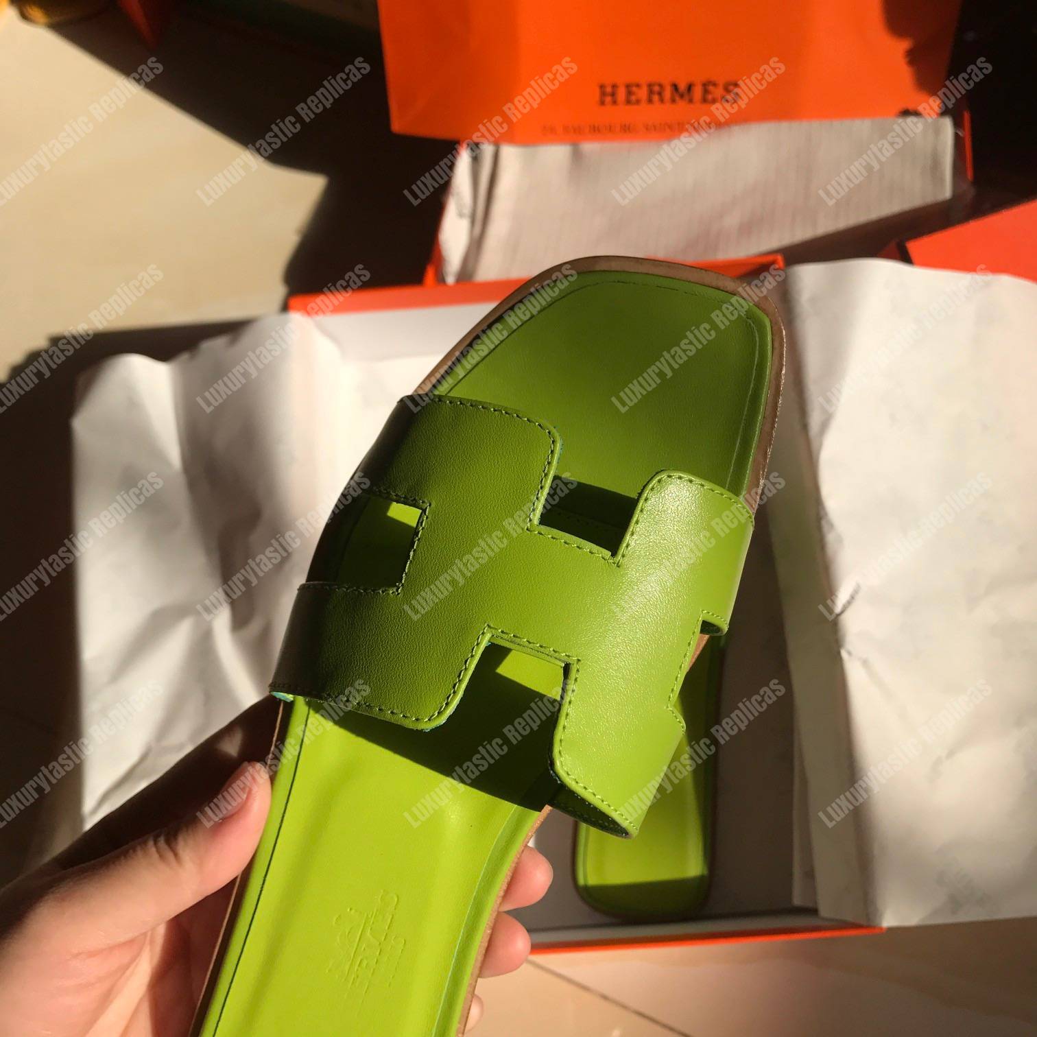 H**mes oran sandal calfskin leather green