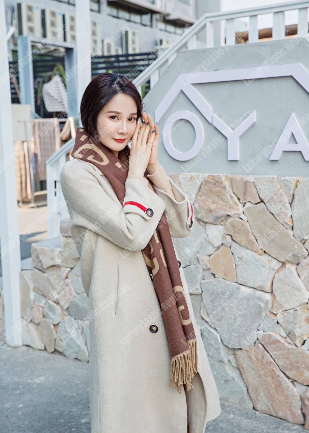 G*u*i gg jacquard wool silk scarf brown & beige