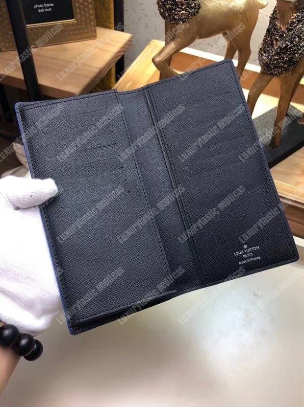 LV Brazza Wallet Taiga Leather Blue Trim