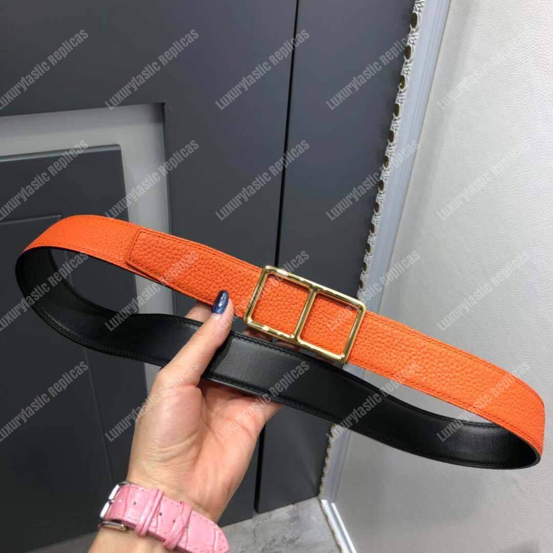 H**mes officier belt buckle reversible leather strap black/orange