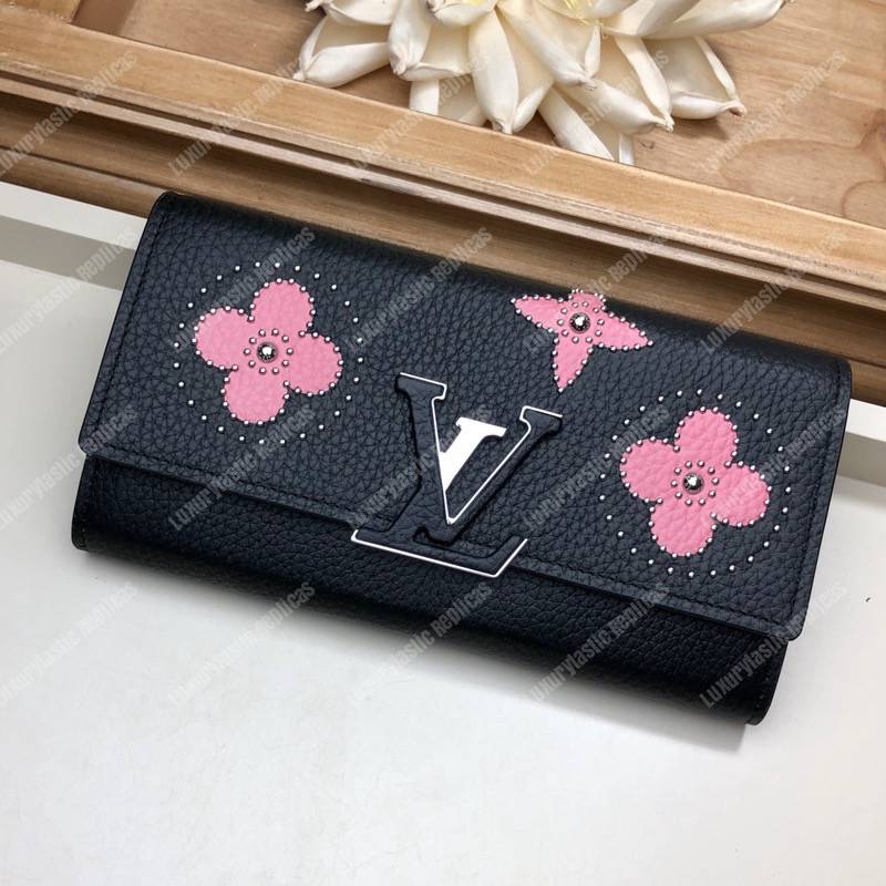 LV Capucines Wallet Taurillon Noir Leather Monogram Pink Flowers