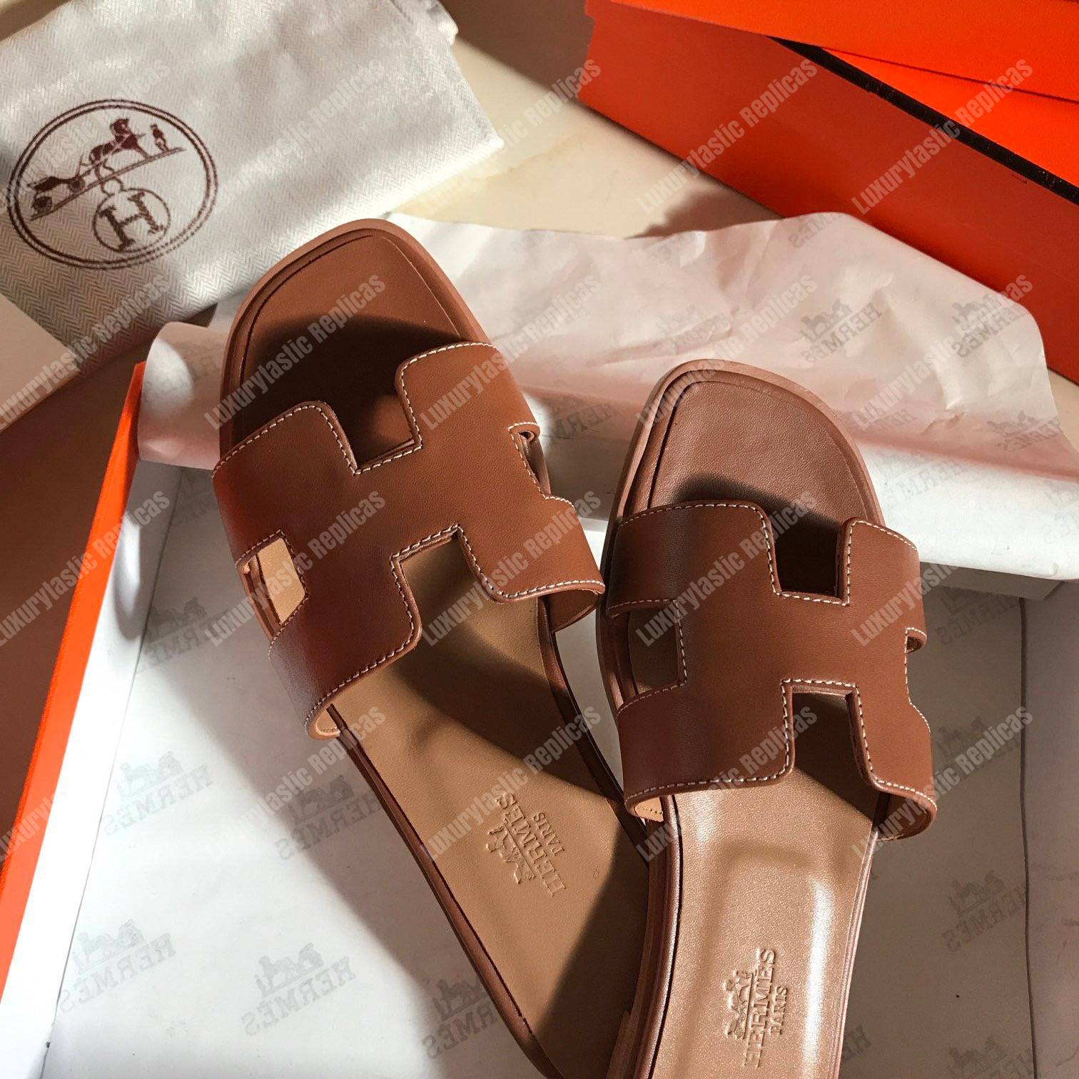 H**mes oran sandal calfskin leather chocolate brown
