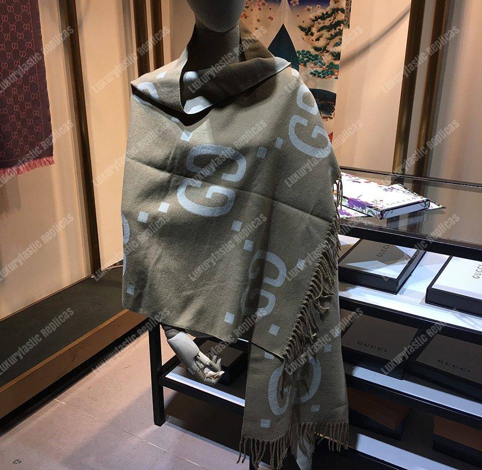 G*u*i gg jacquard wool silk scarf taupe & ivory