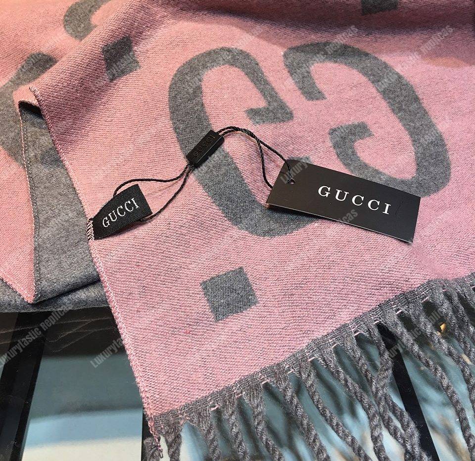G*u*i gg jacquard wool silk scarf grey & pink