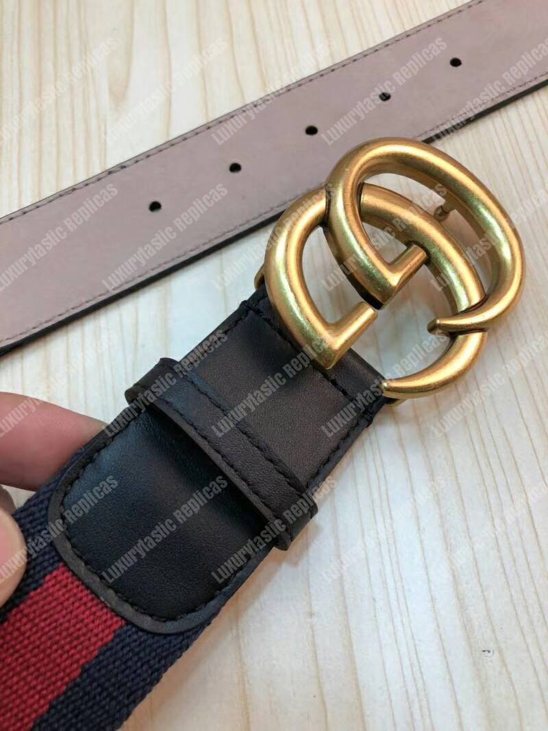 G*u*i nylon web belt with double g buckle blue and red