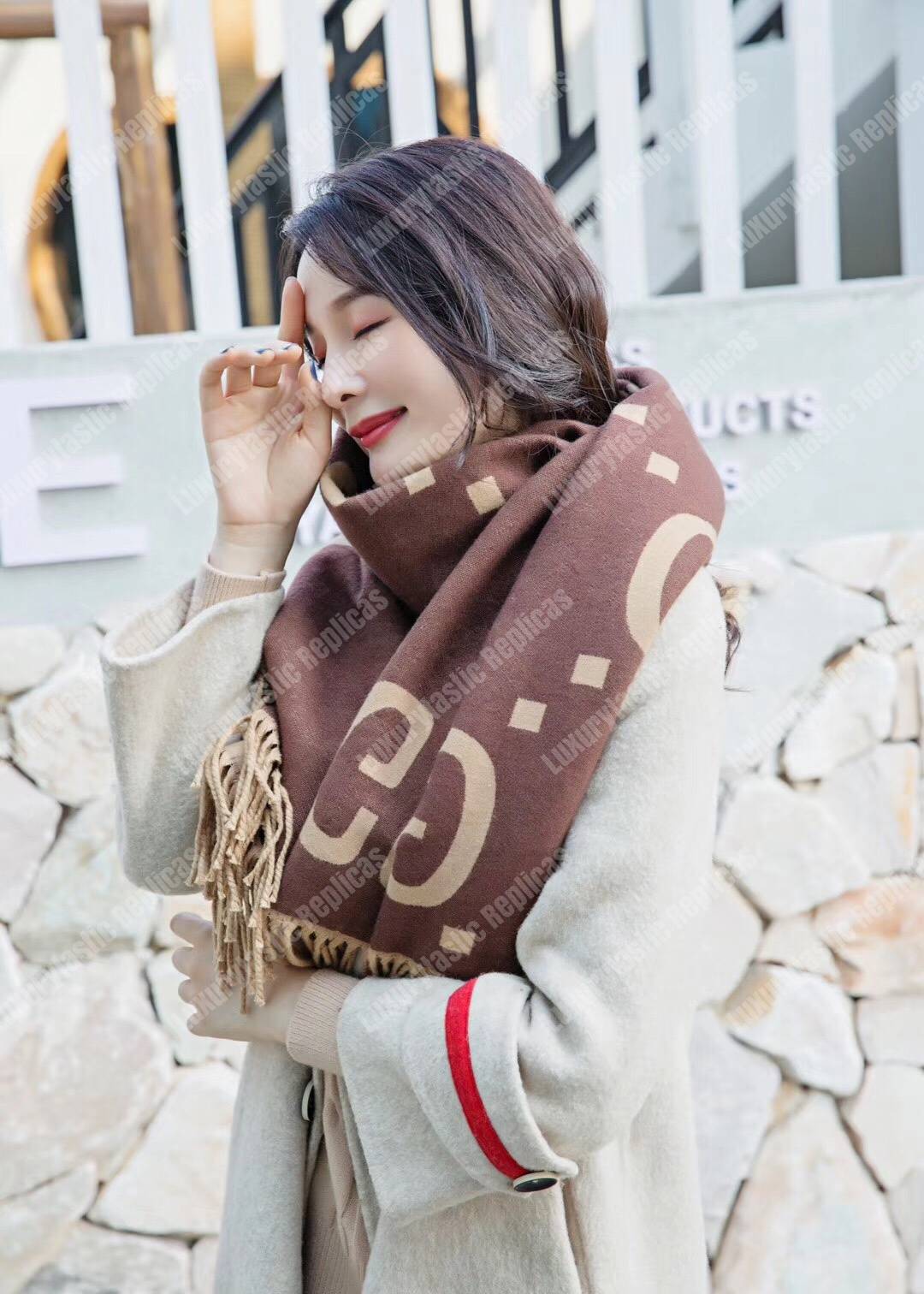 G*u*i gg jacquard wool silk scarf brown & beige