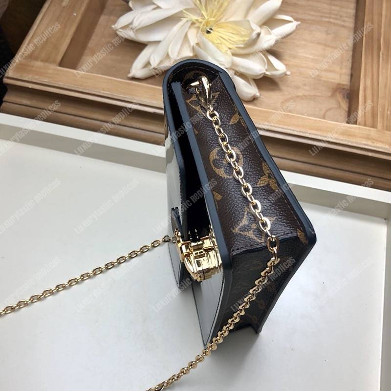 LV Cherrywood Chain Wallet patent calf leather with Monogram canvas in Black