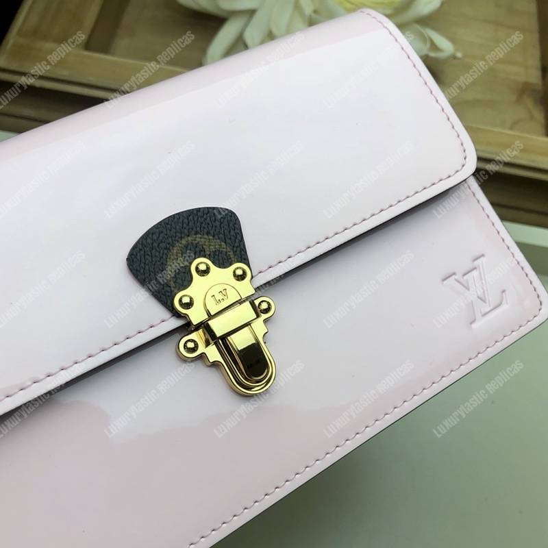 LV Cherrywood Chain Wallet patent calf leather with Monogram canvas in Rose Ballerine Pink