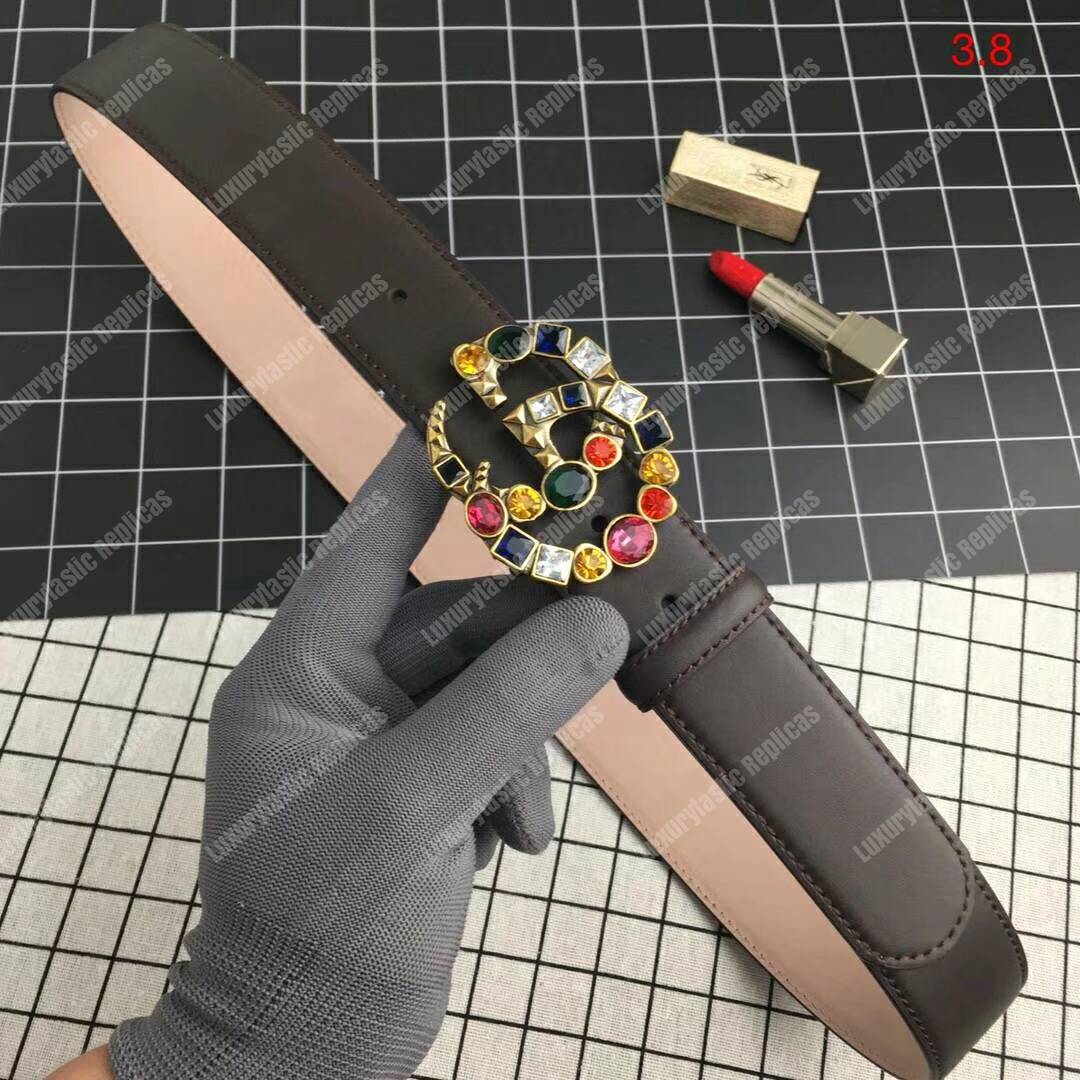 G*u*i leather belt with crystal double g buckle