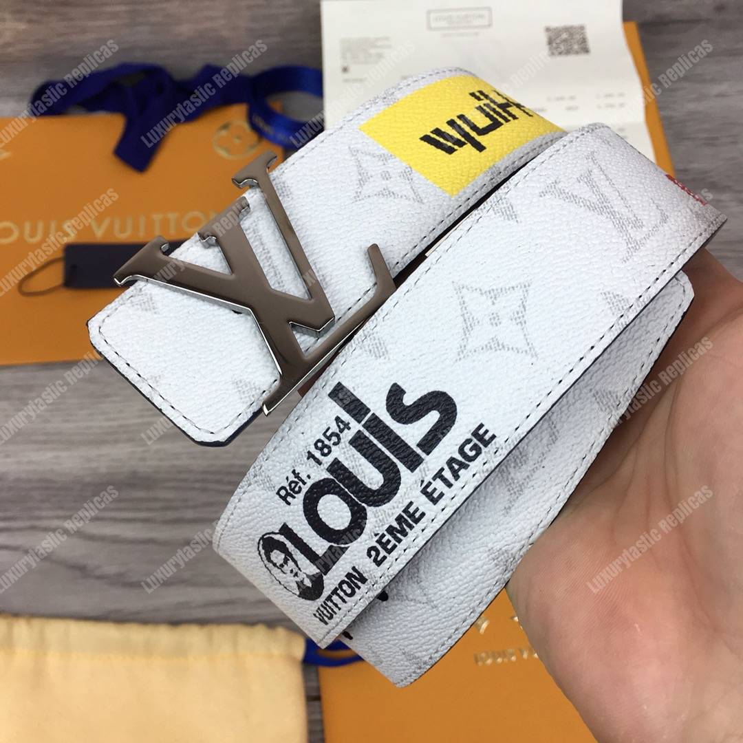 LV White Initiales With Printed Stickers 40MM Reversible Leather Belt Gold Hardware