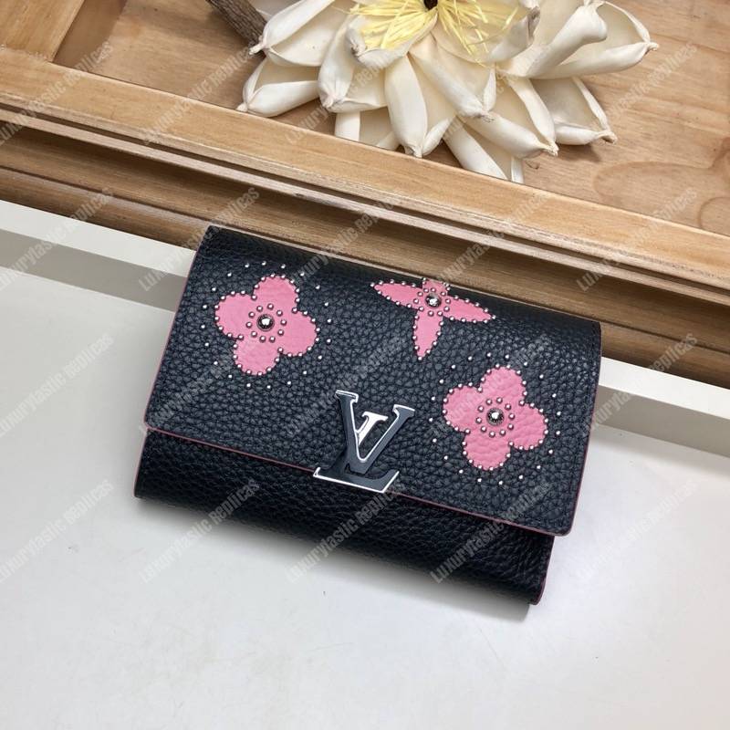 LV Capucines Compact Wallet Taurillon Noir Leather Monogram Flowers