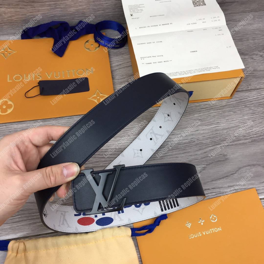 LV White Initiales With Printed Stickers 40MM Reversible Leather Belt Black Hardware