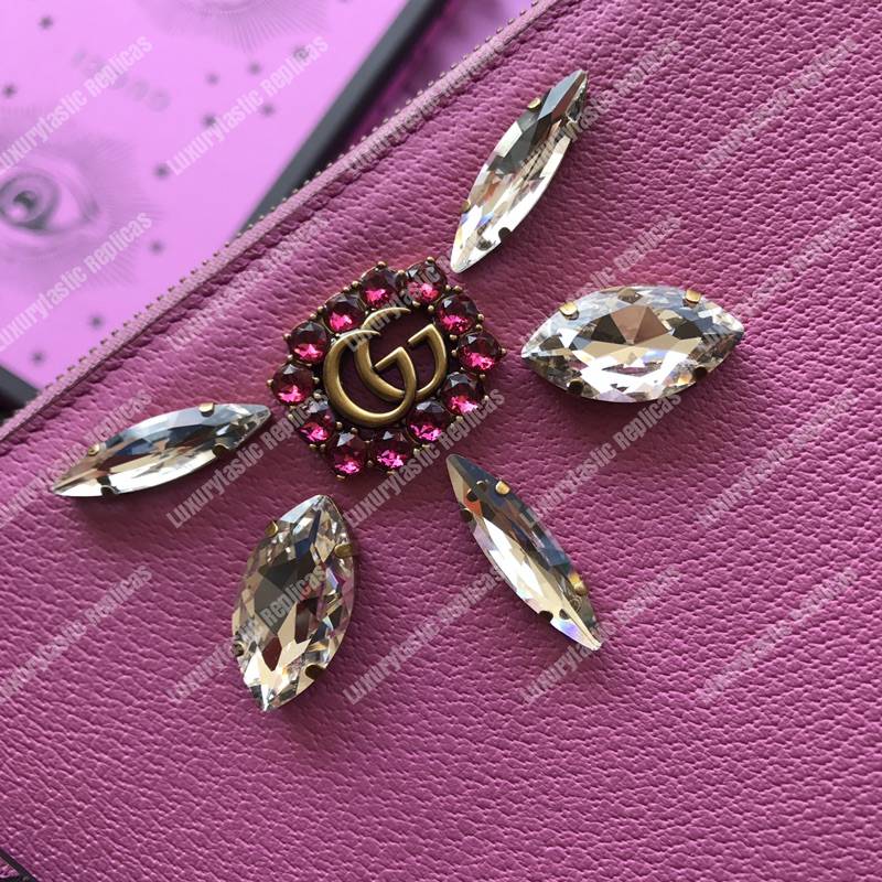 G*u*i leather pouch with double g and crystals pink