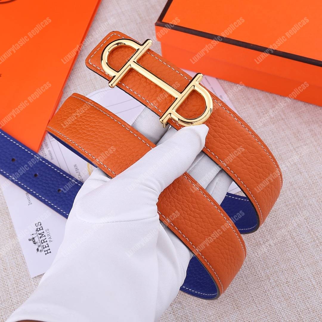 H**mes gamma belt buckle sellier reversible leather strap orange / blue