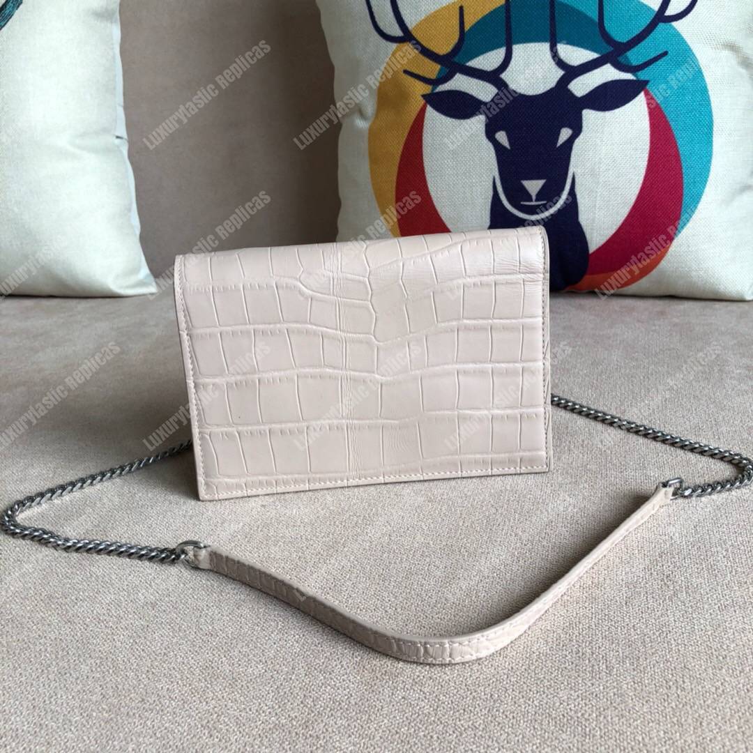 Saint Laurent Kate Chain Wallet With Tassel Ivory Crocodile