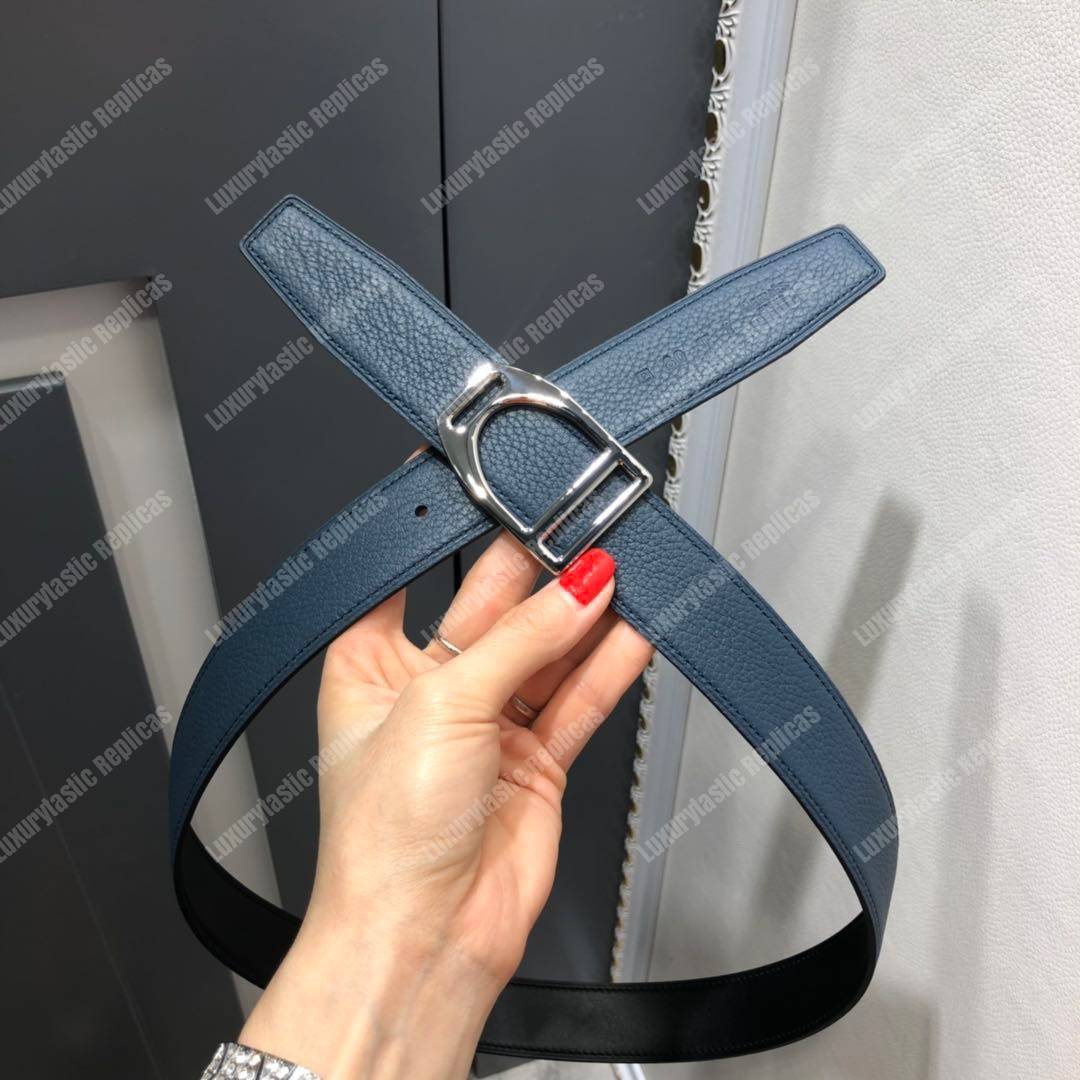 H**mes etrier buckle & reversible leather strap 32 mm noir / bleu de prusse