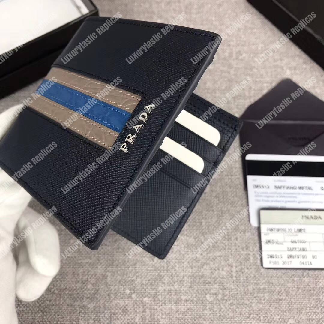 Pra*a saffiano and crocodile leather wallet navy blue grey/dark blue crocodile insert