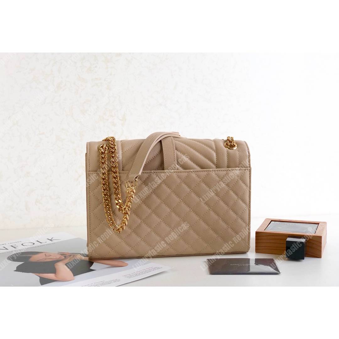 Saint Laurent Envelope Medium Bag in Mix Matelasse Grain De Poudre Embossed Leather Latte