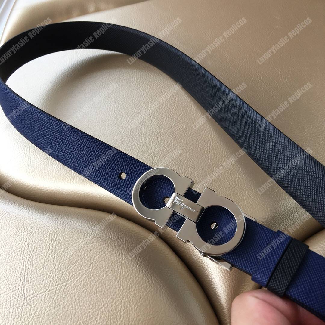 Salvatore Ferragamo Adjustable and Reversible Gancini Belt Blue / Black