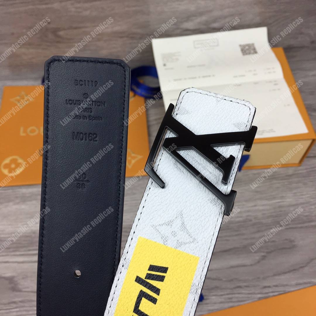 LV White Initiales With Printed Stickers 40MM Reversible Leather Belt Black Hardware