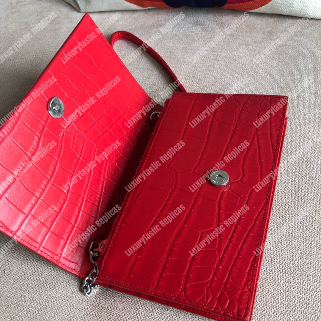 Saint Laurent Kate Chain Wallet With Tassel Red Crocodile
