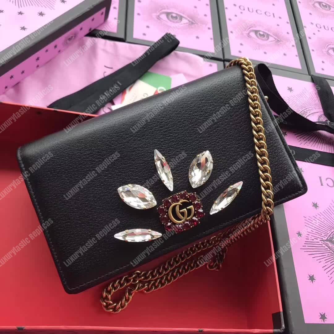 G*u*i leather mini chain bag with double g crystals black