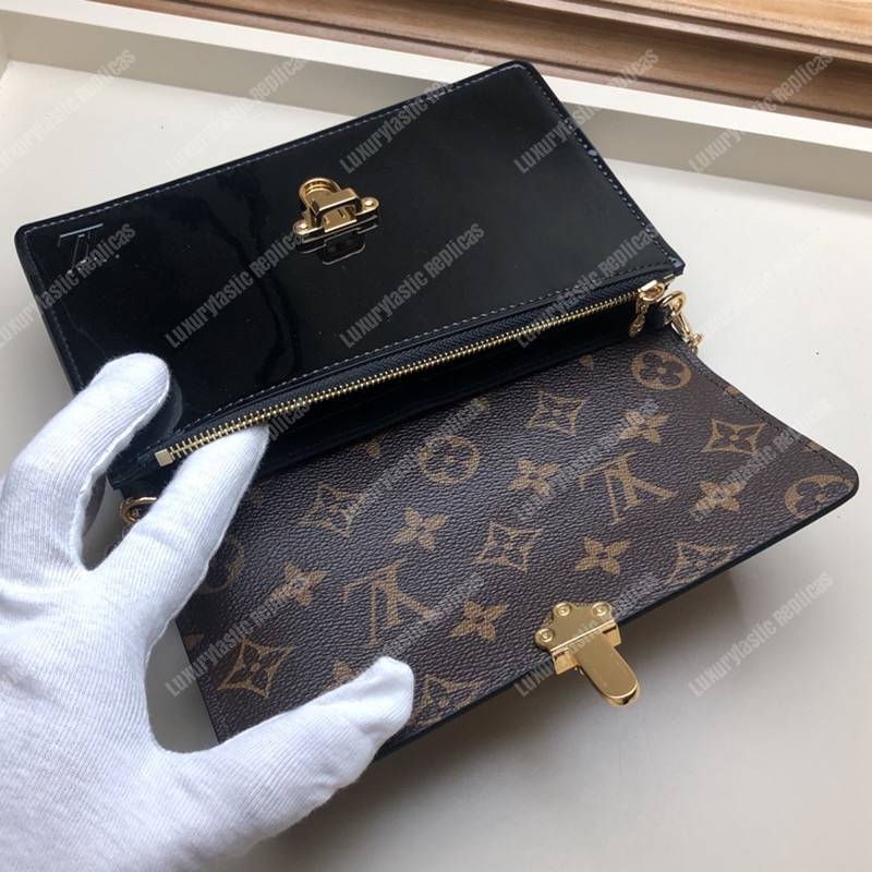 LV Cherrywood Chain Wallet patent calf leather with Monogram canvas in Black