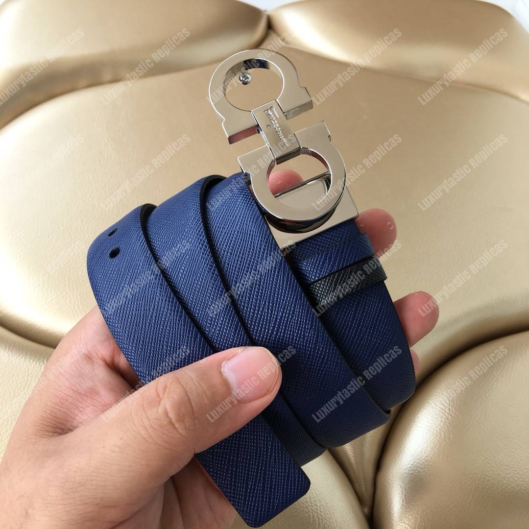 Salvatore Ferragamo Adjustable and Reversible Gancini Belt Blue / Black