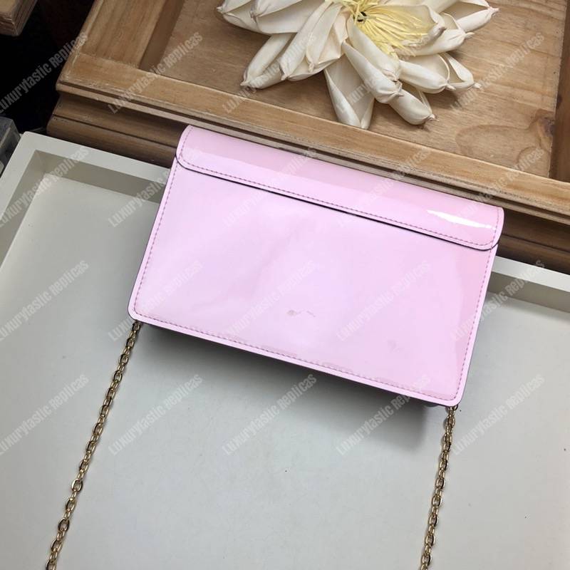 LV Cherrywood Chain Wallet patent calf leather with Monogram canvas in Rose Ballerine Pink