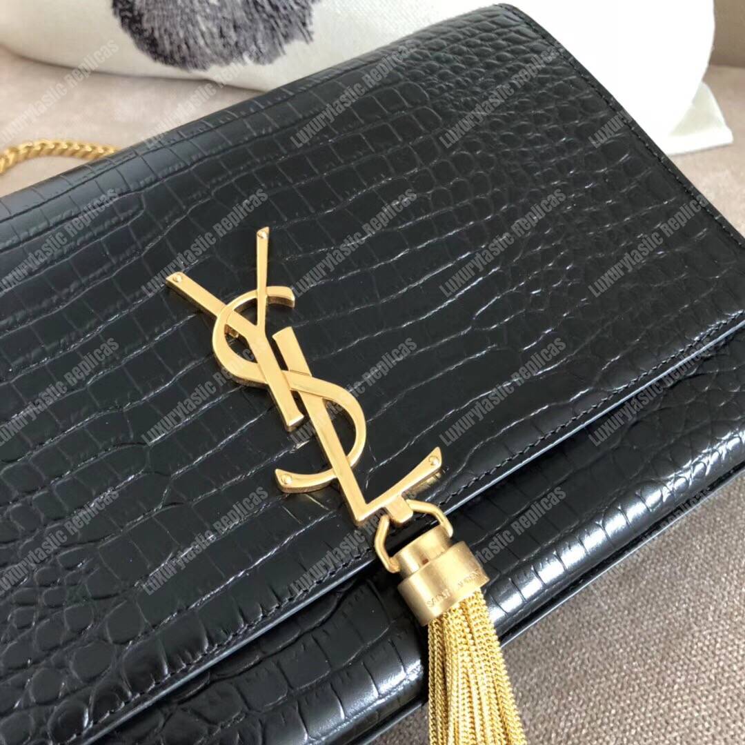 Saint Laurent Medium Kate Tassel Chain Bag Black Crocodile