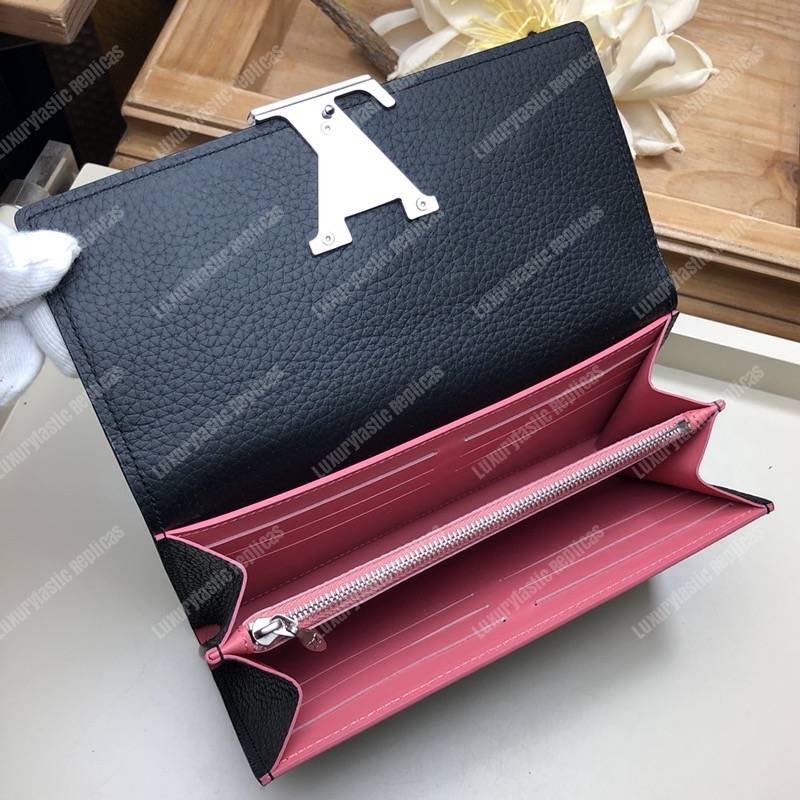 LV Capucines Wallet Taurillon Noir Leather Monogram Pink Flowers