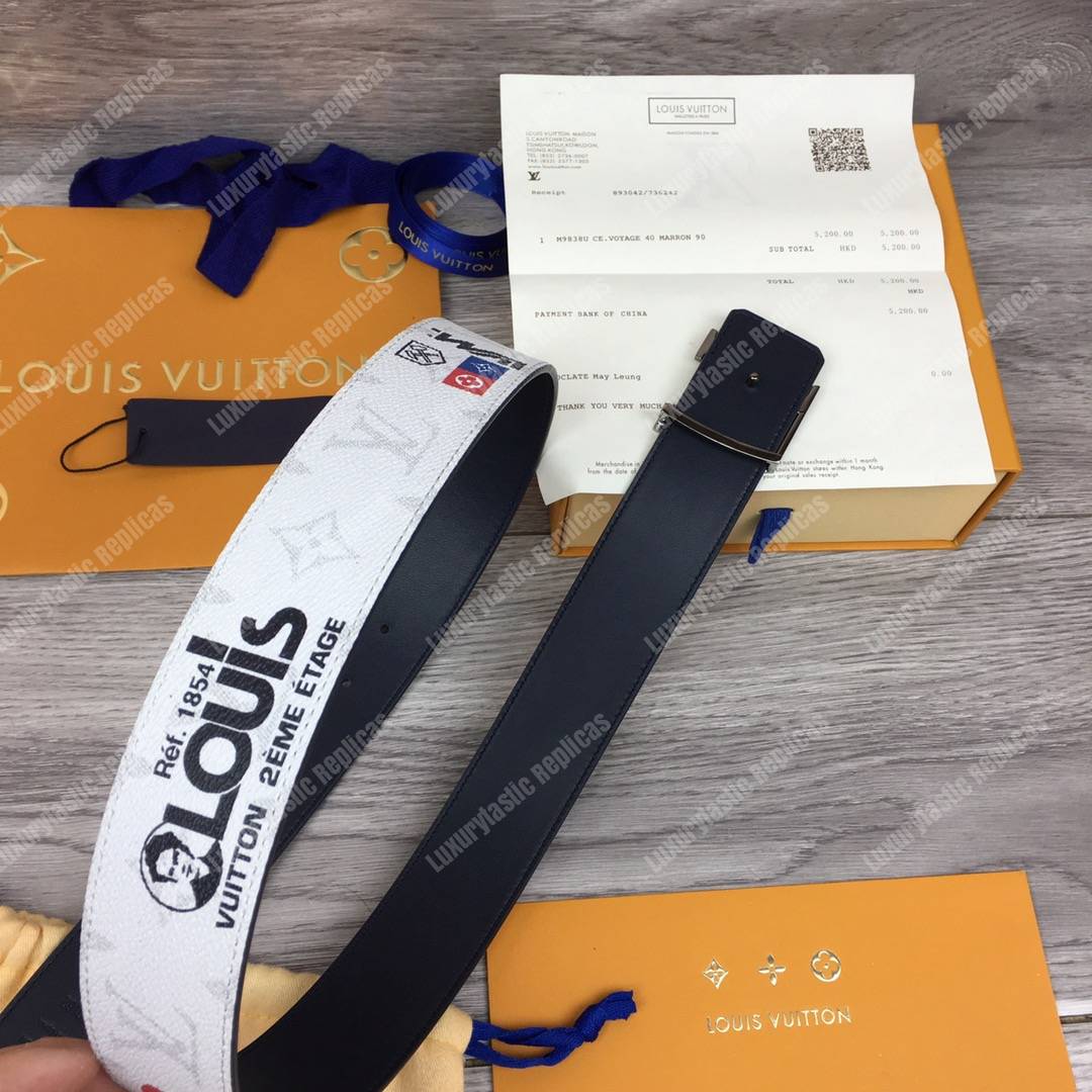 LV White Initiales With Printed Stickers 40MM Reversible Leather Belt Gold Hardware