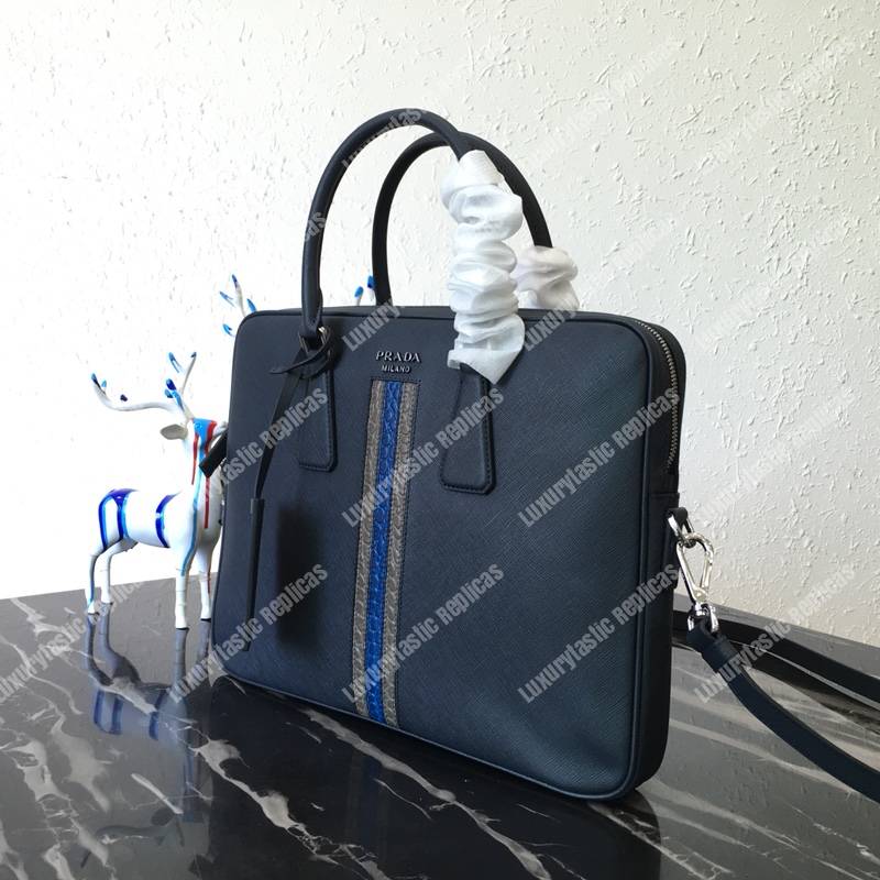 Pra*a saffiano leather work bag navy blue dark blue/grey crocodile insert