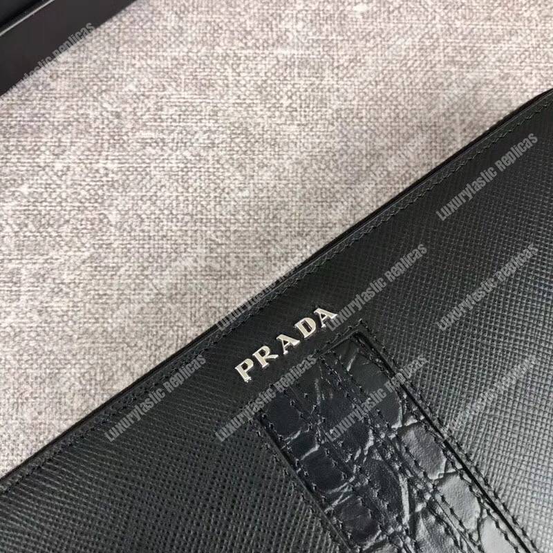 Pra*a saffiano and crocodile leather wallet all black with crocodile insert