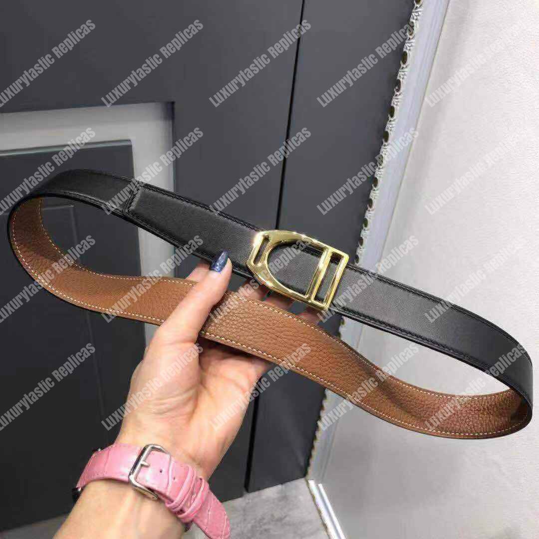 H**mes etrier buckle & reversible leather strap 32 mm noir / gold