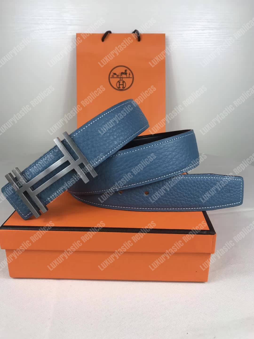 H**mes h au carre belt buckle reversible leather strap graphite / bleu de prusse