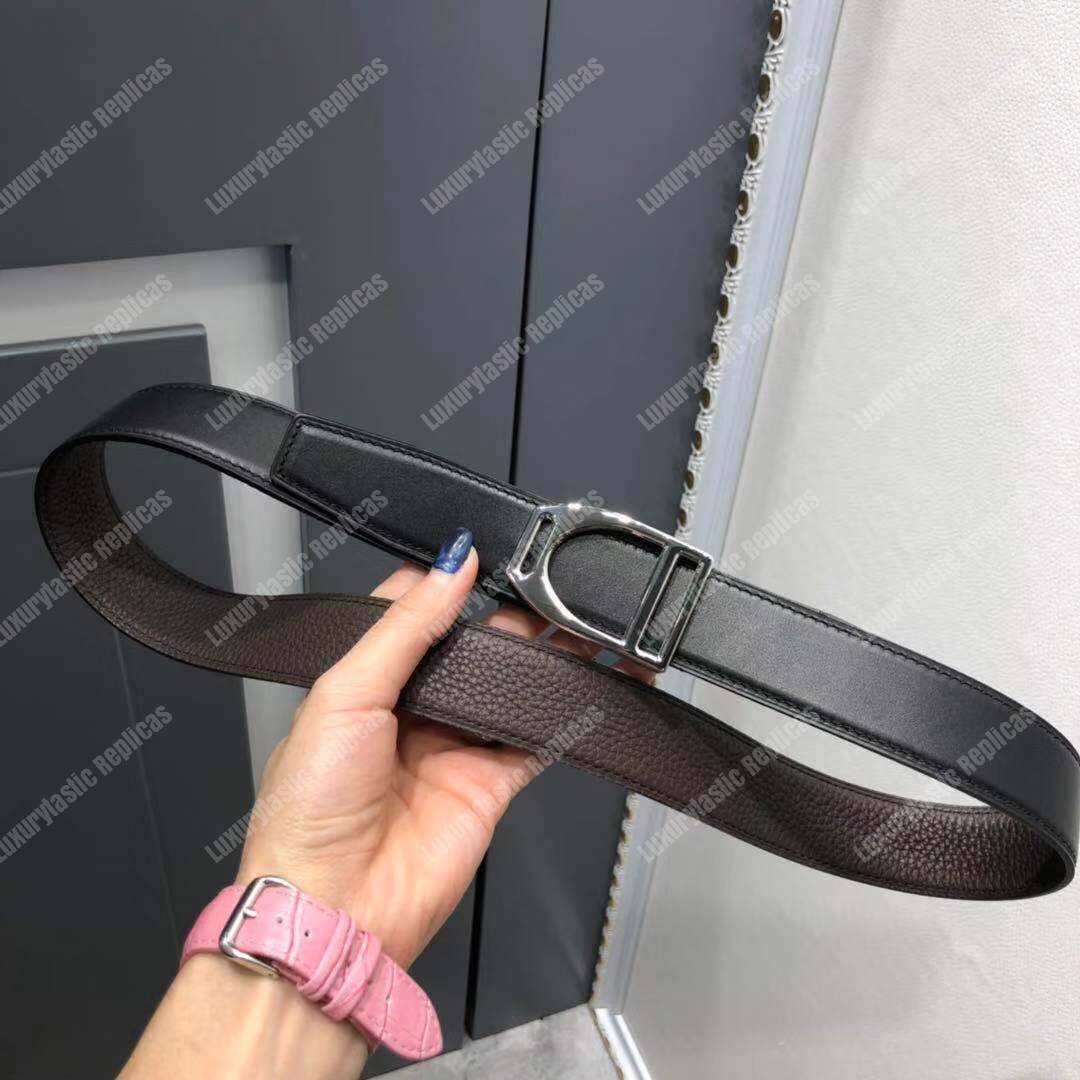 H**mes etrier buckle & reversible leather strap 32 mm noir / chocolat