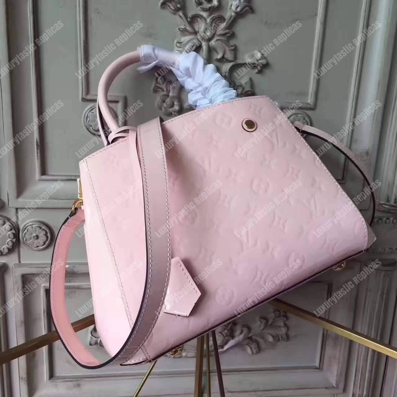 LV Montaigne BB Tote Bag Monogram Vernis Rose Ballerine