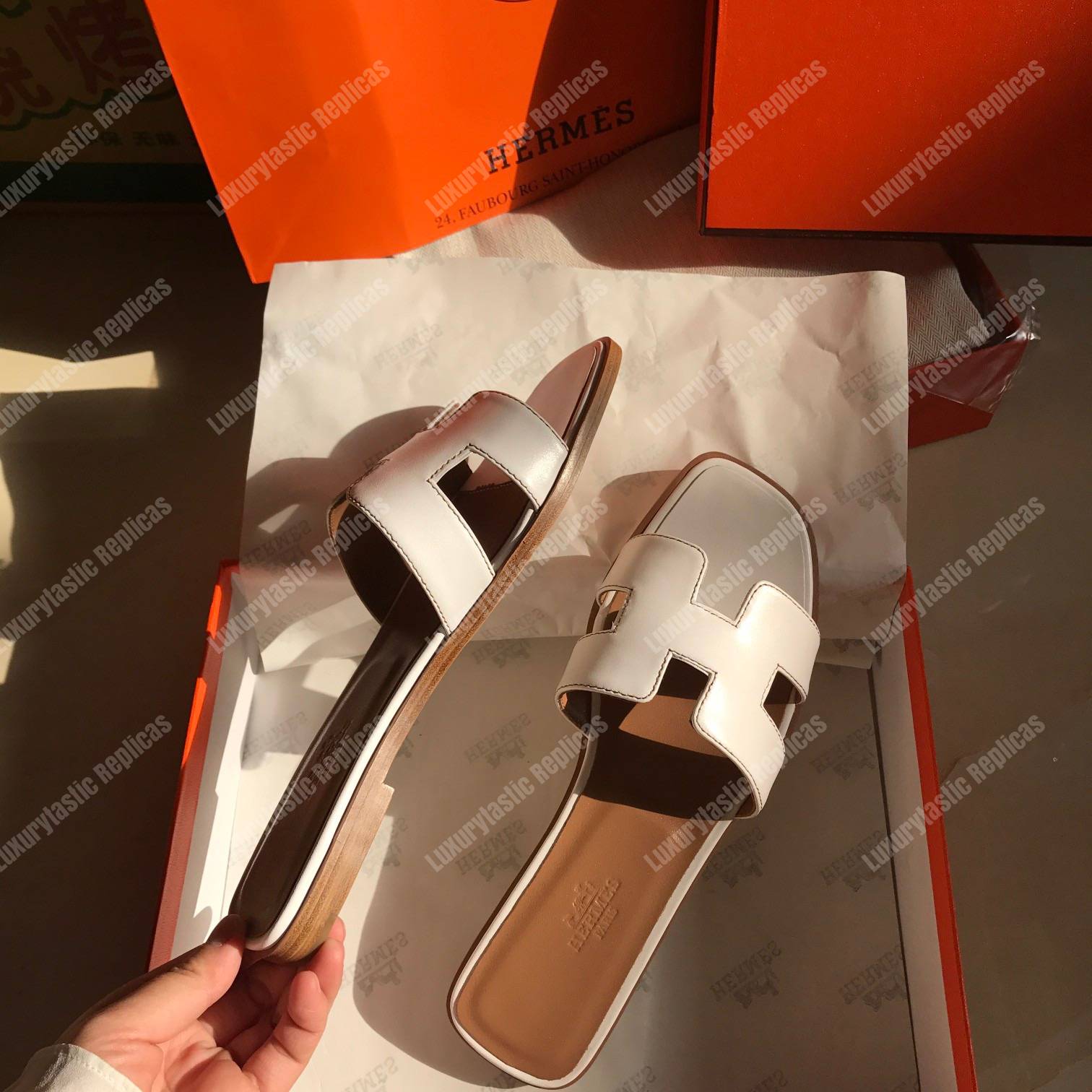 H**mes oran sandal calfskin leather white