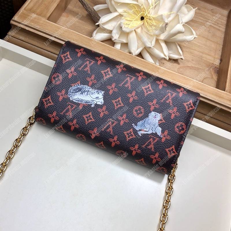 LV Twist Chain Wallet Catogram Dogs and Cats Brown Orange