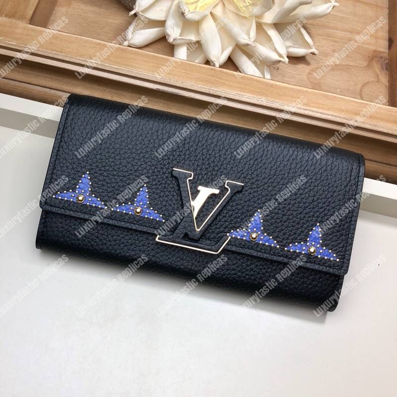 LV Capucines Wallet Taurillon Noir Leather Monogram Blue Flowers
