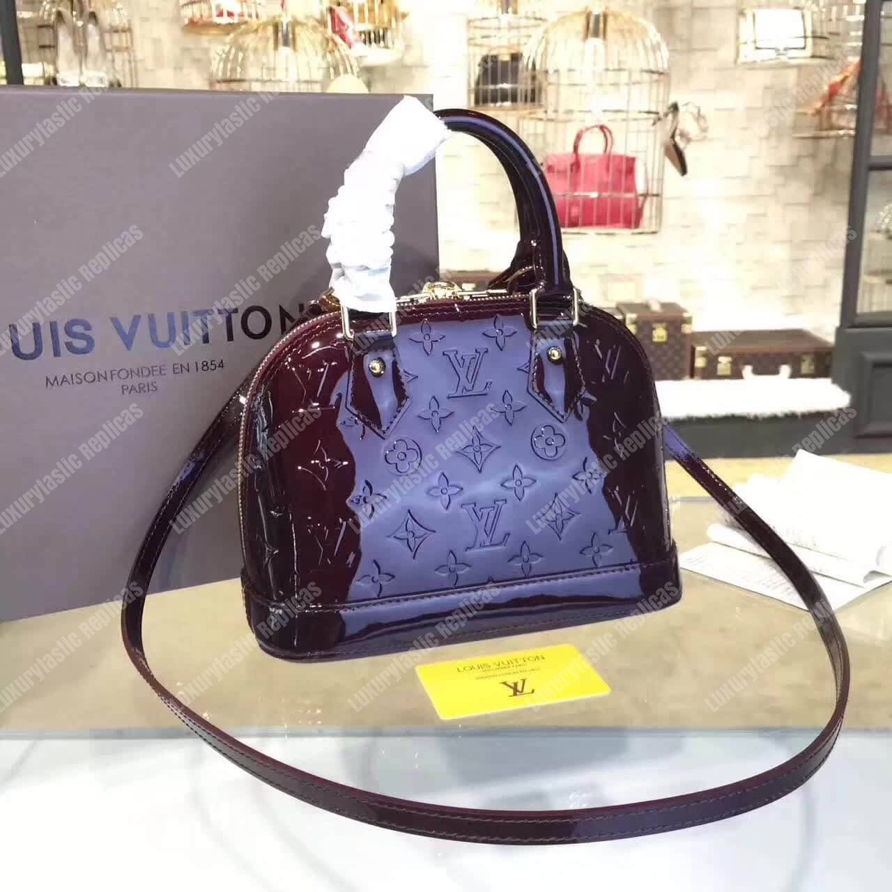 LV Alma BB Tote Bag Monogram Vernis Amarante