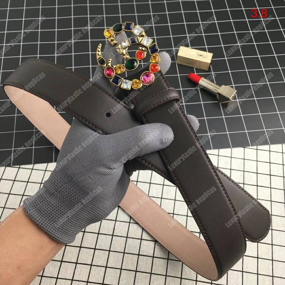 G*u*i leather belt with crystal double g buckle