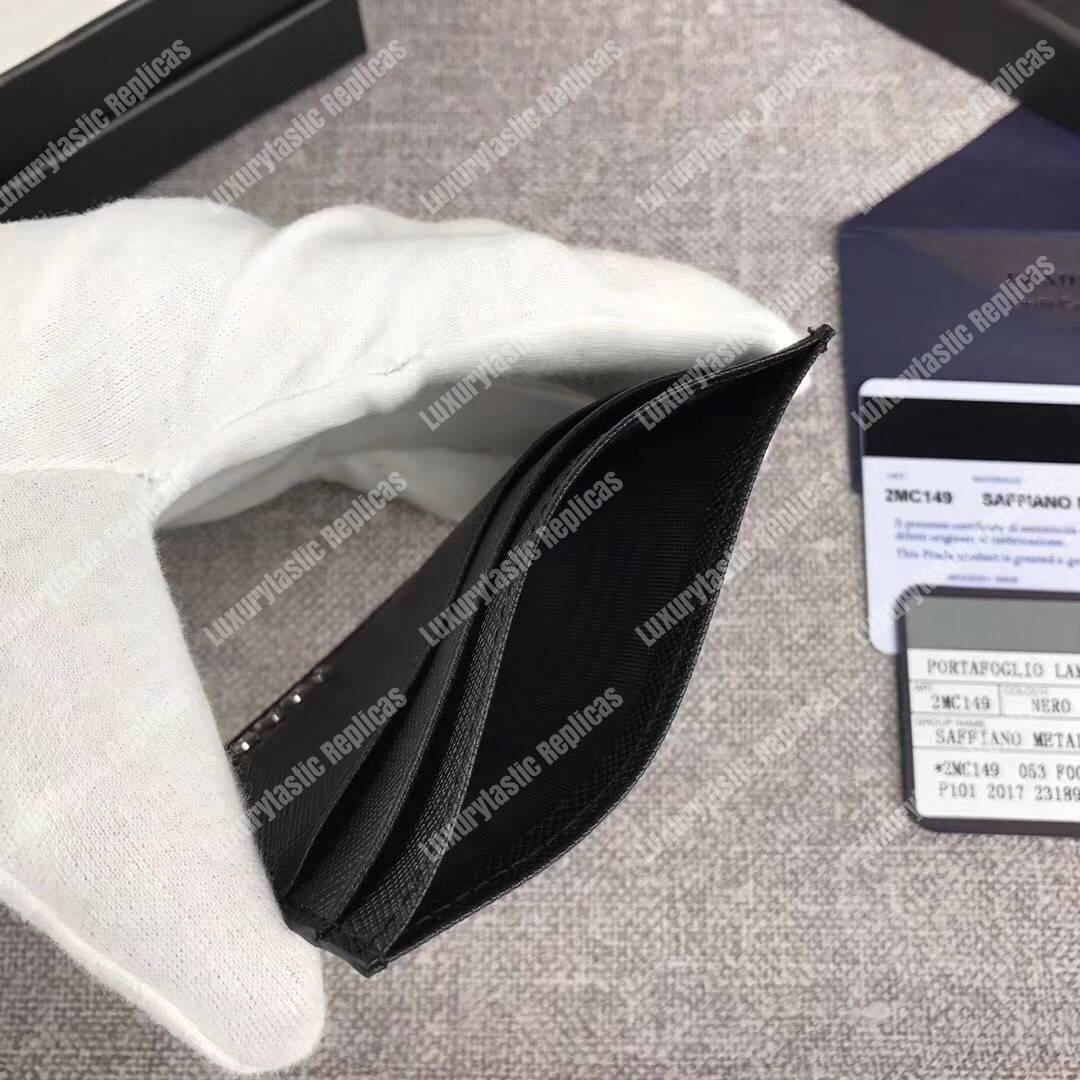 Pra*a saffiano leather card holder metal logo black