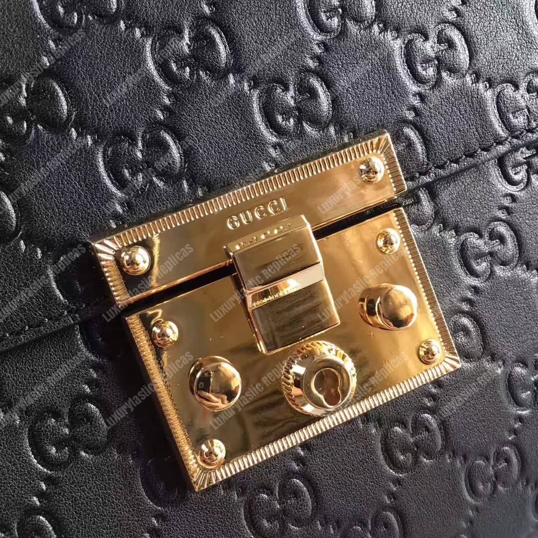 G*u*i padlock small signature top handle bag black