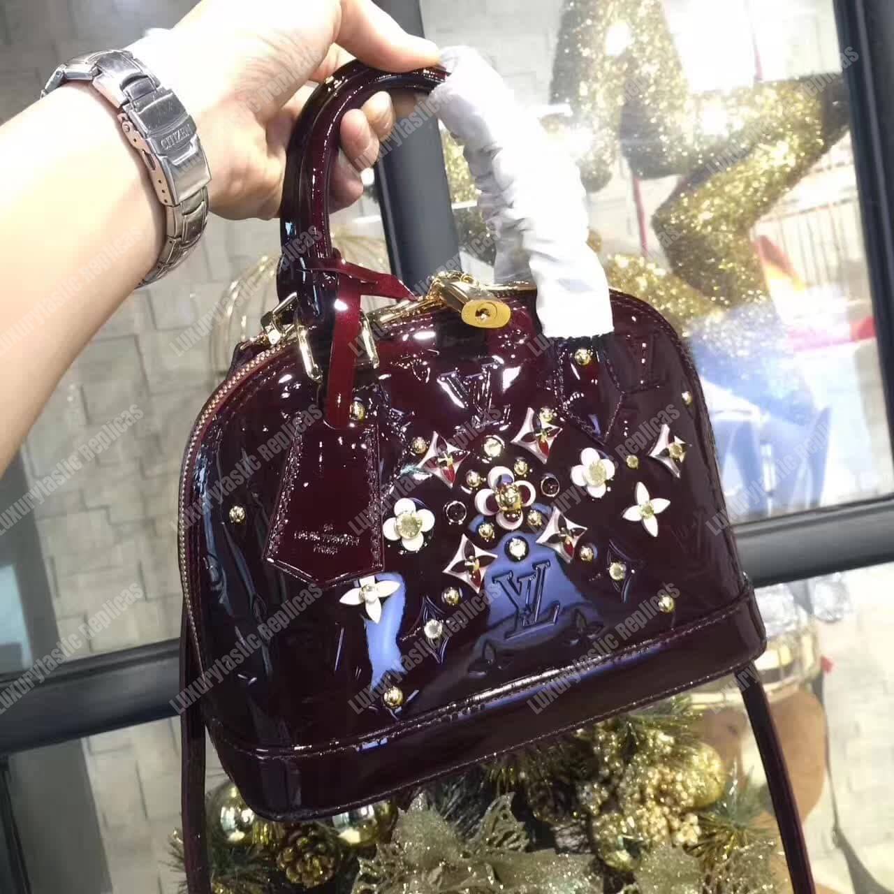 LV Alma BB Tote Bag Monogram Vernis Amarante