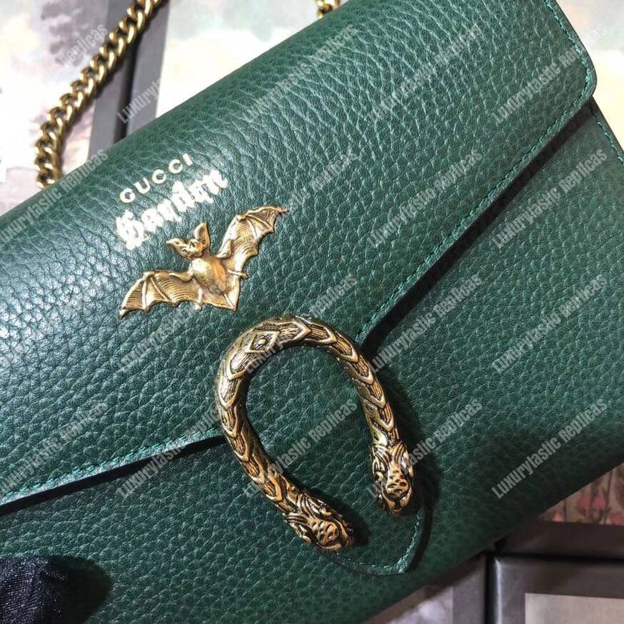 G*u*i calfskin garden dionysus chain wallet green with bat