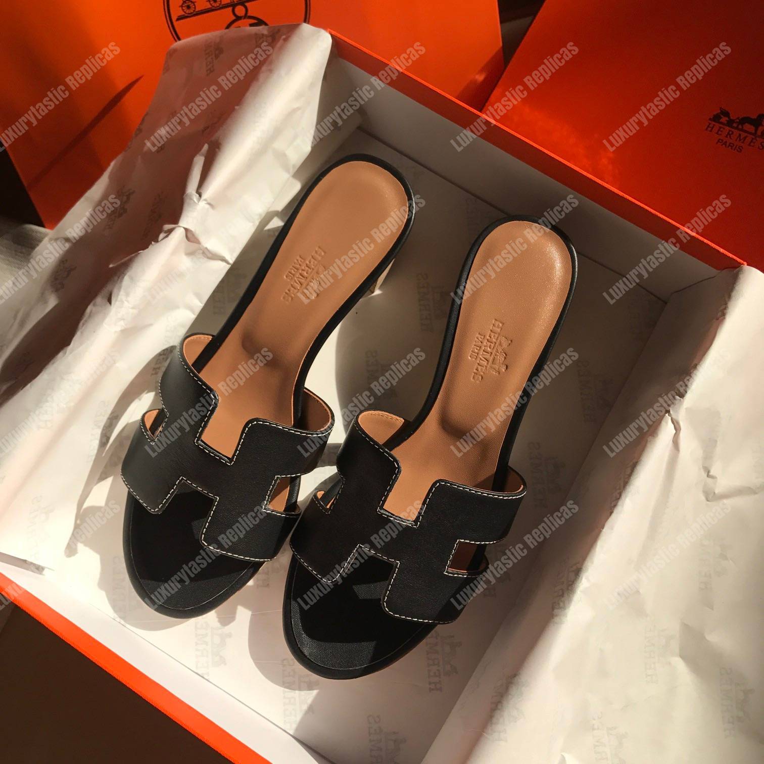 H**mes oran sandal calfskin leather black